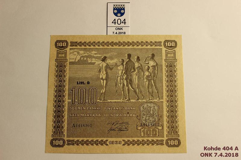 k-0404-a.jpg - Kohde 404, lhthinta: 120 € / myyntihinta: 120 € 100 mk 1939 LD SNY 179.1 A6448362 JUT-AAs, vl 1, vhisi painumia, kunto: 9