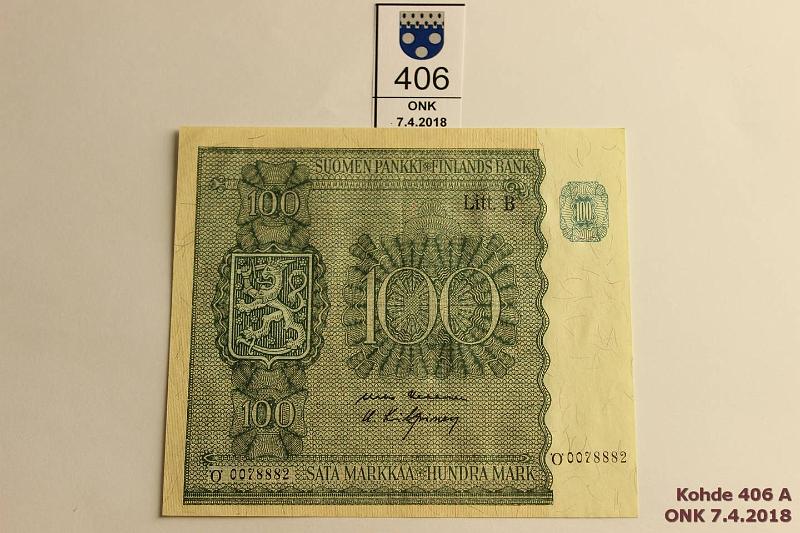 k-0406-a.jpg - Kohde 406, lhthinta: 10 € / myyntihinta: 12 € 100 mk 1945 LB SNY 180.2 0078882 KEK-Kil, lainetta, kunto: 6