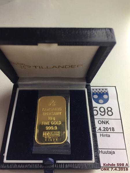 k-0598-a.jpg - Kohde 598, lhthinta: 320 € / myyntihinta: 430 € Kultaharkko Au, 10g/999, KOP:n leimaama, Tillander-kotelossa, kunto: 9
