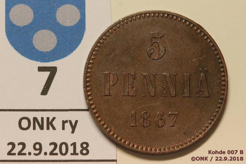 k-0007-b.jpg - Kohde 7 (kuva 2/2), lhthinta: 30 € / myyntihinta: 46 € 5 p 1867 Terv lynti, lhes virheetn, reunassa hvivn pieni painauma, tumma patina, kunto: 7