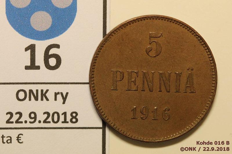 k-0016-b.jpg - Kohde 16 (kuva 2/2), lhthinta: 5 € / myyntihinta: 5 € 5 p 1916 1 jalka ehj, kulumaton, eprv, tumma patina, kunto: 7