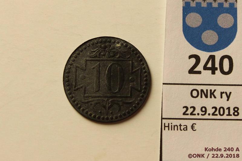 k-0240-a.jpg - Kohde 240 (kuva 1/2), lhthinta: 20 € / myyntihinta: 21 € Danzig 10 pf 1920 KM#Tn1 Zn, small "10" in cartouche, token. Harvinainen!, kunto: 5