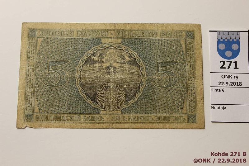 k-0271-b.jpg - Kohde 271 (kuva 2/2), l�ht�hinta: 400 &euro; / myyntihinta: 640 &euro; 5 mk 1909 C SNY 130.5 C8299337 COL-M�l, keskireik�, prep�, pieni puutos, kunto: 2