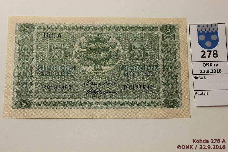 k-0278-a.jpg - Kohde 278, l�ht�hinta: 30 &euro; / myyntihinta: 30 &euro; 5 mk 1922 LA SNY 132.2 P0181990 HEU-Wah, eprep, sil?, kunto: 5