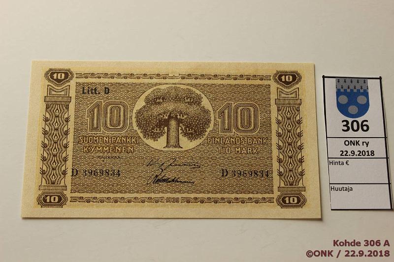 k-0306-a.jpg - Kohde 306, lhthinta: 15 € / myyntihinta: 24 € 10 mk 1939 LD SNY 144.4 D3969834 JUT-Wah vl II, kulmakuvio 2, painumia, kunto: 9