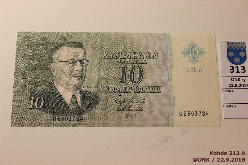 k-0313-a.jpg - Kohde 313, lhthinta: 20 € / myyntihinta: 34 € 10 mk 1963 LA SNY 146.5 8303784, vl 1 oikeassa reunassa ja vasemmalla kolme vl kohdistuspistett, erikoinen!, kunto: 8