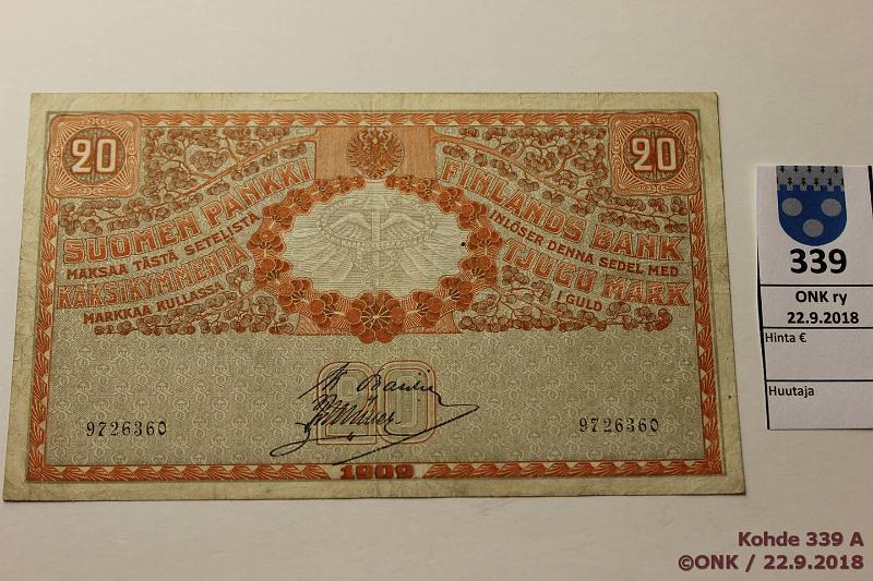 k-0339-a.jpg - Kohde 339, l�ht�hinta: 250 &euro; / myyntihinta: 465 &euro; 20 mk 1909 SNY 156.3b 9726360 BA I-M�l, tasavalta, sil?, kunto: 5