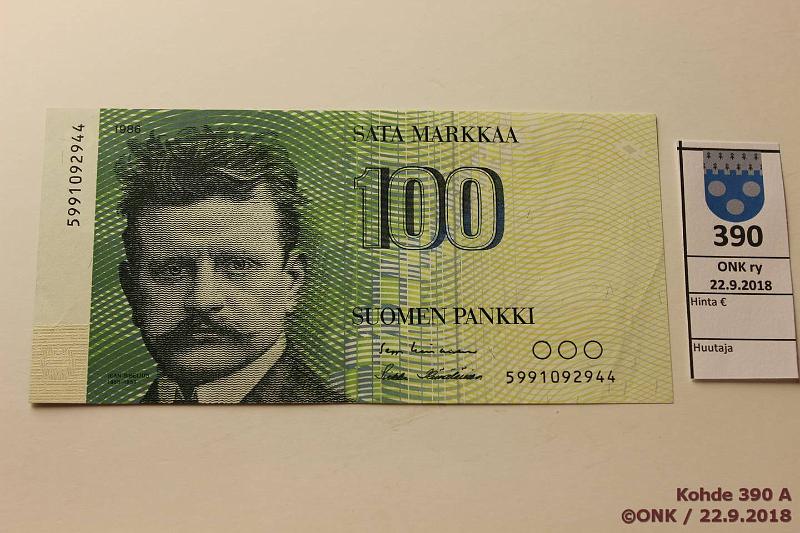 k-0390-a.jpg - Kohde 390, l�ht�hinta: 40 &euro; / myyntihinta: 40 &euro; 100 mk 1986 599.. SNY 185.2 5991092944 LIN-H�1, korvaava, kunto: 6