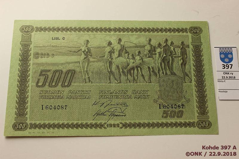 k-0397-a.jpg - Kohde 397, l�ht�hinta: 400 &euro; / myyntihinta: 575 &euro; 500 mk 1922 LC III SNY 189.6 I604087 JUT-Aas, poikkeuksellinen kunto!, kunto: 8