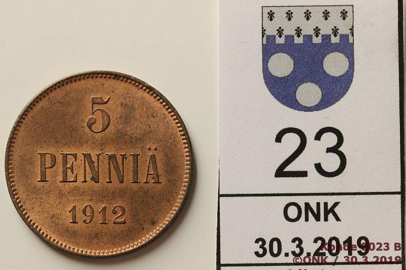 k-0023-b.jpg - Kohde 23 (kuva 2/2), lhthinta: 200 € / myyntihinta: 225 € 5 p 1912 Hieman patinaviiruja, erittin kaunis!, kunto: 8/9