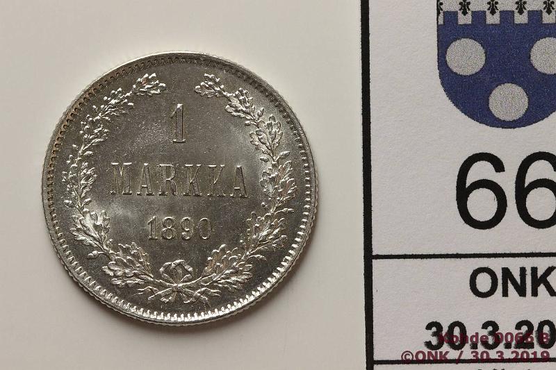 k-0066-b.jpg - Kohde 66 (kuva 2/2), l�ht�hinta: 150 &euro; / myyntihinta: 150 &euro; 1 mk 1890 Ag, v�h�inen painuma reunassa, arvop peilipinta, loistelias!, kunto: 9