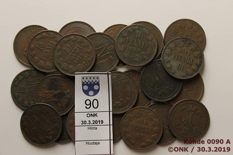 k-0090-a.jpg - Kohde 90, lhthinta: 15 € / myyntihinta: 27 € 10 p 18651917 (24) Cu, 1865, -66, -67, -89, -90, -91, -95, -96, -97, -99, 1900, -05, -07, -08, -09, -10, -11, -12, -13, -14, -15, -16, -17 I, -17 II. Osassa pieni vikoja, kunto: 3-7