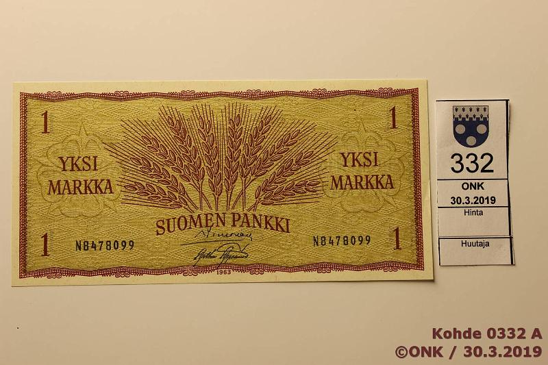 k-0332-a.jpg - Kohde 332, lhthinta: 40 € / ei tarjouksia 1 mk 1963 SNY 114.1 N8478099 SIM-AAs, kunto: 9