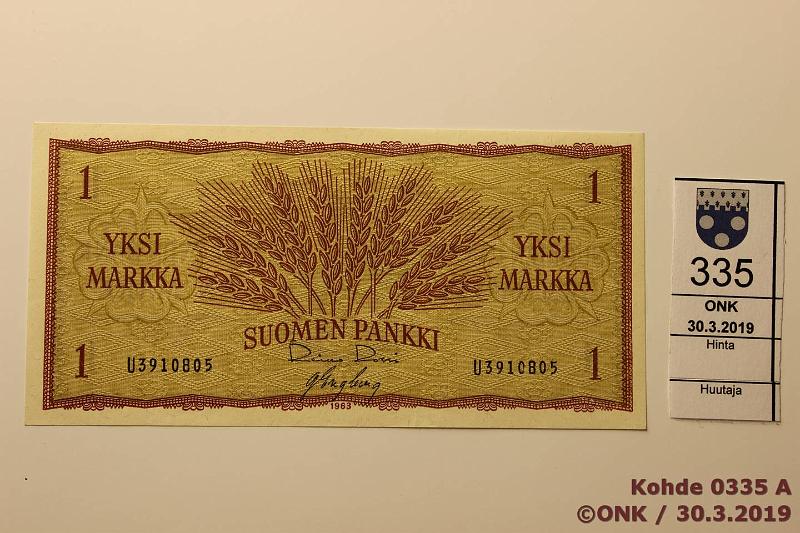 k-0335-a.jpg - Kohde 335, l�ht�hinta: 20 &euro; / myyntihinta: 26 &euro; 1 mk 1963 SNY 114.1 U3910805 RO I-Eng, kunto: 8