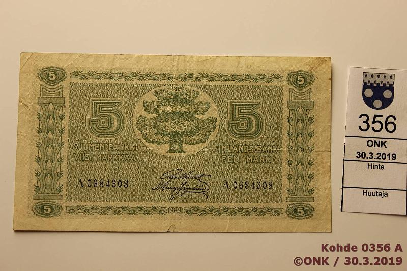k-0356-a.jpg - Kohde 356, lhthinta: 5 € / myyntihinta: 6 € 5 mk 1922 SNY 132.1 A0684608 STE-His, kunto: 3