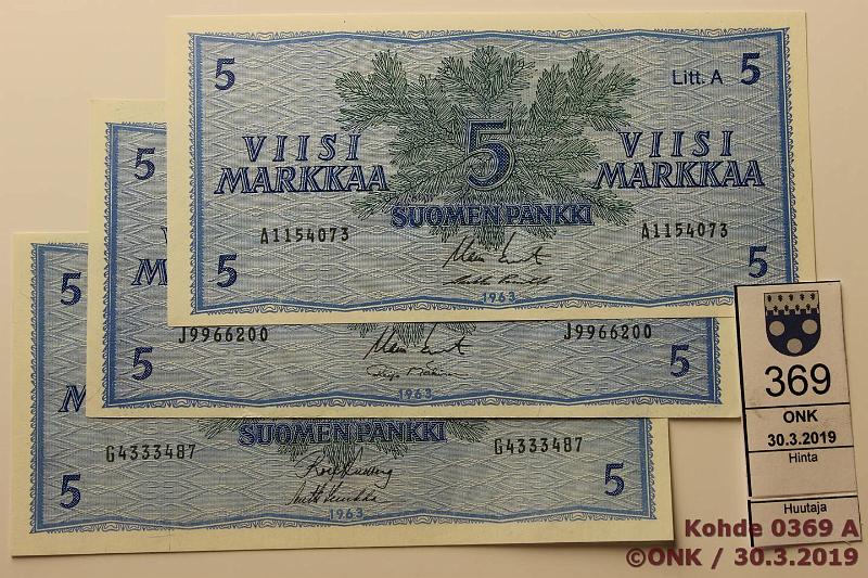 k-0369-a.jpg - Kohde 369, lhthinta: 25 € / ei tarjouksia 5 mk 1963 LA (3) SNY 135.3a, A..KO II-Pu1, G..KU I-Luu, J..KO II-M1, kunto: 8-9