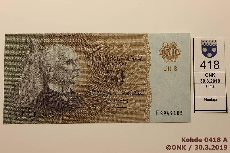 k-0418-a.jpg - Kohde 418, l�ht�hinta: 35 &euro; / myyntihinta: 38 &euro; 50 mk 1963 LB SNY 171.1, F2949105 SIM-M�1, kunto: 9