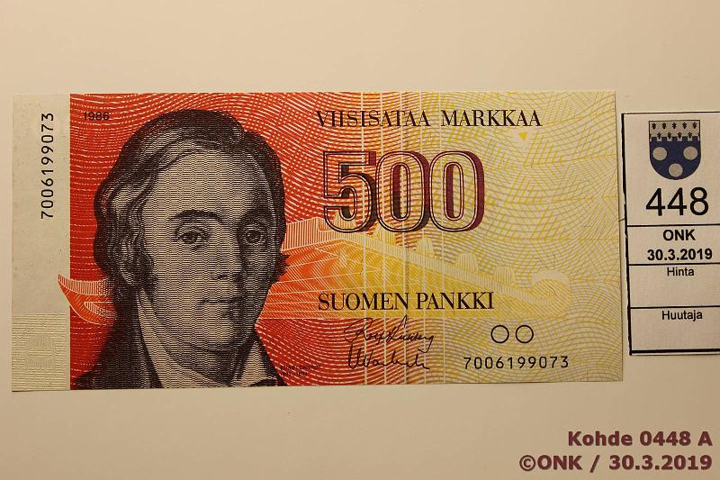 k-0448-a.jpg - Kohde 448, lhthinta: 120 € / myyntihinta: 147 € 500 mk 1986 SNY 194.1, 7006199073 KU I-Va1, rullan jlki, kunto: 9