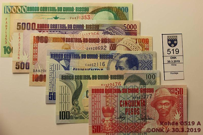 k-0519-a.jpg - Kohde 519, lhthinta: 40 € / ei tarjouksia Guinea-Bissau 5010000 pesos (6) 1990 P#1015 50, 100, 500, 1000, 5000 ja 10 000 pesos, kunto: 9