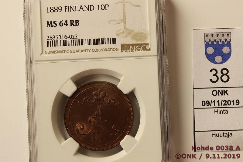 k-0038-a.jpg - Kohde 38 (kuva 1/2), lhthinta: 1100 € / myyntihinta: 1100 € 10 p 1889 NGC kotelossa MS 64 RB, leimakiiltoinen, loistelias!, kunto: 8/9