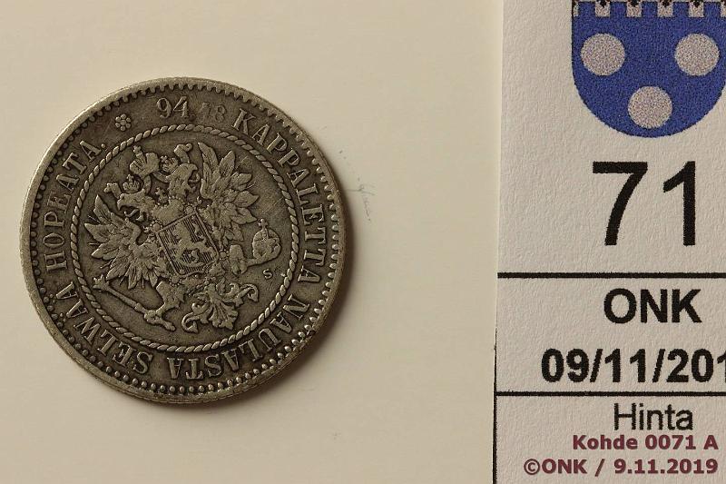 k-0071-a.jpg - Kohde 71 (kuva 1/2), lhthinta: 70 € / myyntihinta: 105 € 1 mk 1864 Ag, SNY 397.2, hp, uusi rihlaus, kunto: 4