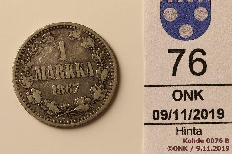 k-0076-b.jpg - Kohde 76, lhthinta: 20 € / myyntihinta: 32 € 1 mk 1867 Ag, SNY 400.1, kunto: 4