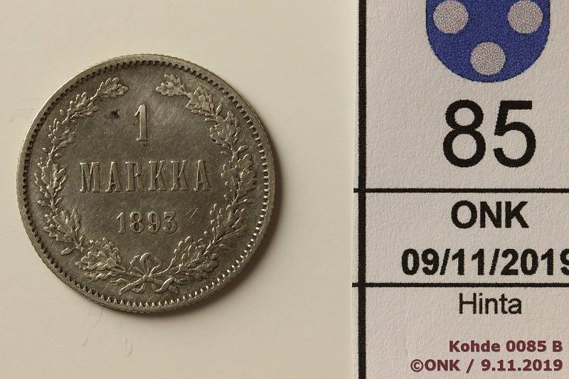k-0085-b.jpg - Kohde 85, l�ht�hinta: 5 &euro; / myyntihinta: 9 &euro; 1 mk 1893 Ag, puhd, php, hnja, kunto: 5/6