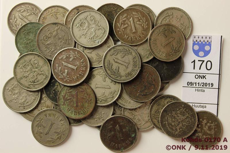 k-0170-a.jpg - Kohde 170, lhthinta: 5 € / myyntihinta: 6 € 1 mk 192124 (37) CuNi, hevosmarkkoja. 1921(23), -22(11), -23, -24 ja yksi -2?. Osa tummia, -24 rv., kunto: 2-6