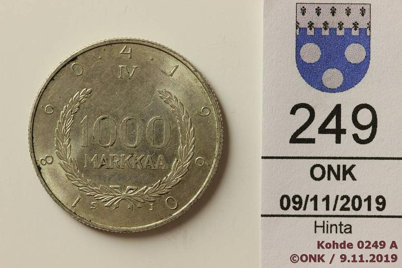 k-0249-a.jpg - Kohde 249, lhthinta: 10 € / myyntihinta: 10 € 1000 mk 1960 Ag, phpja, hnja, kunto: 7