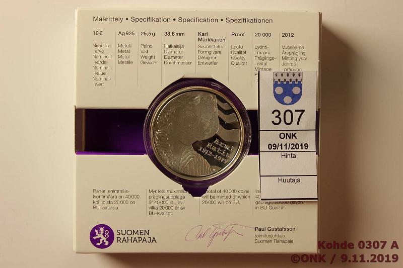 k-0307-a.jpg - Kohde 307, lhthinta: 12 € / myyntihinta: 22 € 10 € 2012 Ag, Proof, Ratia, kapseli, laatikko, tod, kunto: 10