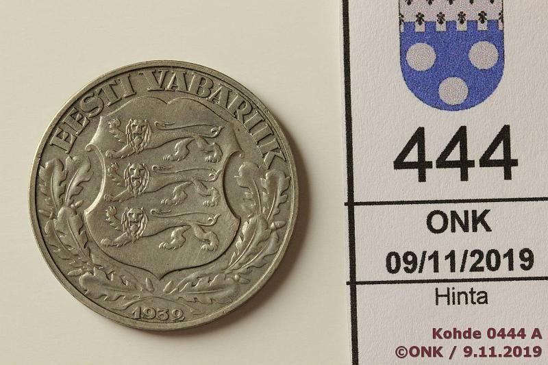 k-0444-a.jpg - Kohde 444, l�ht�hinta: 15 &euro; / myyntihinta: 33 &euro; Eesti 2 kr 1932 KM#20 Ag, 12g/500, University of Tartu, kunto: 7