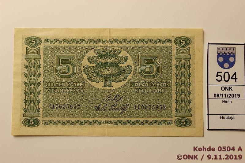 k-0504-a.jpg - Kohde 504, lhthinta: 5 € / myyntihinta: 8 € 5 mk 1922 SNY 132.1 Q0605952 RYT-The, kunto: 5