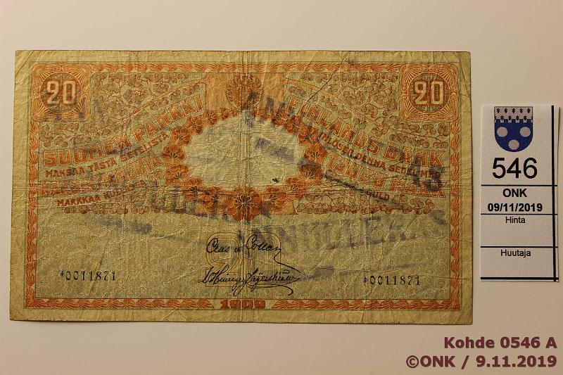 k-0546-a.jpg - Kohde 546, lhthinta: 50 € / myyntihinta: 50 € 20 mk 1909 KV SNY 156.4 10011871 COL-His, nelj Annuleras-leimaa, kynm. LP. (kahdeksannumeroisen painos vain 19 000!), kunto: 2