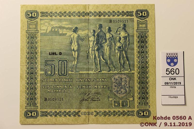 k-0560-a.jpg - Kohde 560 (kuva 1/2), lhthinta: 10 € / myyntihinta: 29 € 50 mk 1939 LD, -45 LB SNY 168.2, 169.4, 1939 B..JUT-AAs vl 2; K..KIV-Als laatta IV, kunto: 5