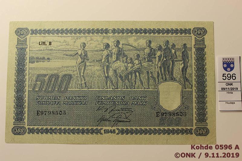 k-0596-a.jpg - Kohde 596, lhthinta: 65 € / myyntihinta: 84 € 500 mk 1945 LB SNY 190.2 E9798503 JUT-AAs, prep, sil., kunto: 5