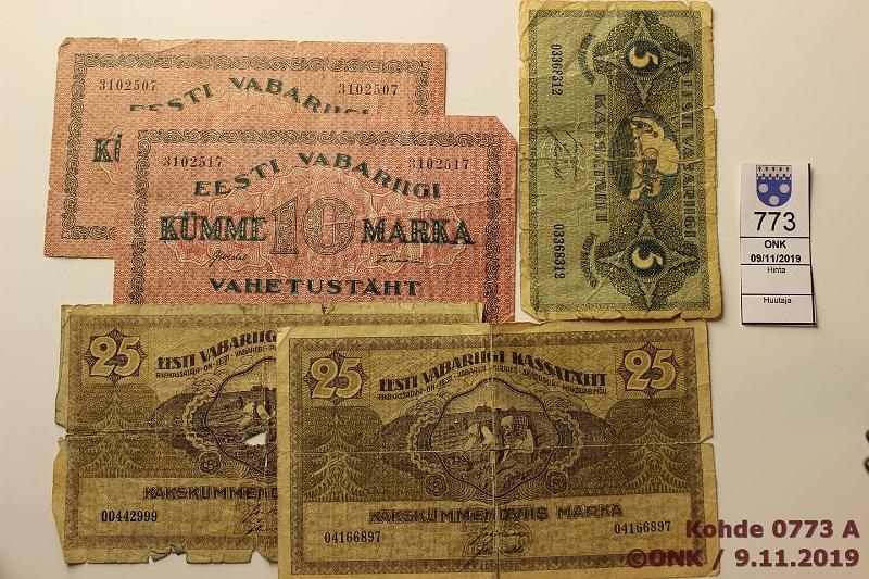 k-0773-a.jpg - Kohde 773, lhthinta: 5 € / myyntihinta: 8 € Eesti (5) 191922 5mk 1919, 10mk 1922(2), 25mk 1919(2). Rikkinisi tai pehmeit, kunto: 1-3