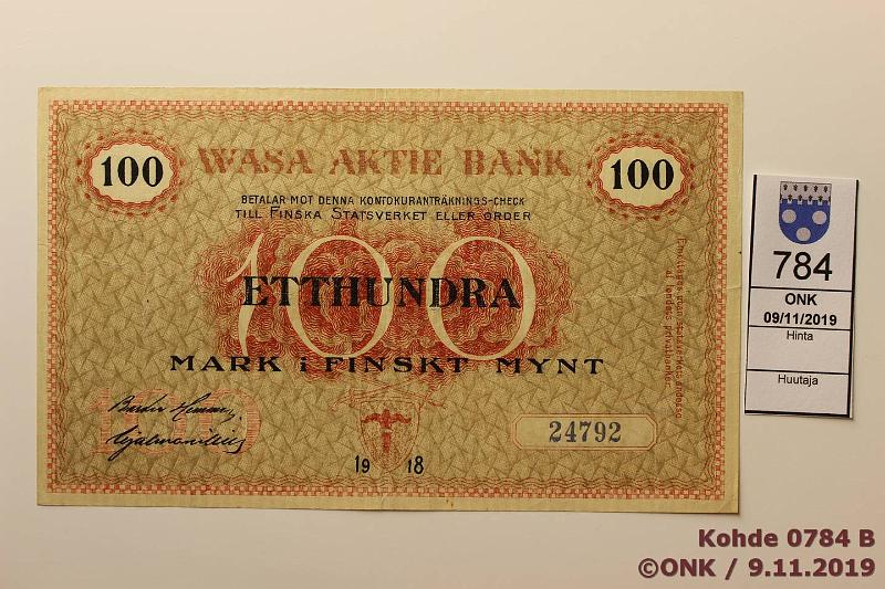 k-0784-b.jpg - Kohde 784 (kuva 2/2), lhthinta: 100 € / myyntihinta: 330 € 100 mk 1918 VOP SNY 213a 24792 Hemmer-Lilius, kunto: 6
