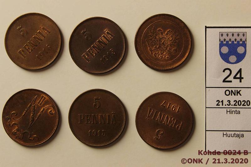 k-0024-b.jpg - Kohde 24, lhthinta: 3 € / myyntihinta: 7 € 5 p 1915-17 (6) 1915, -16, 17 II 2 kpl kutakin. Kaikissa ainakin hieman leimakiiltoa, osassa hom, kunto: 7-8