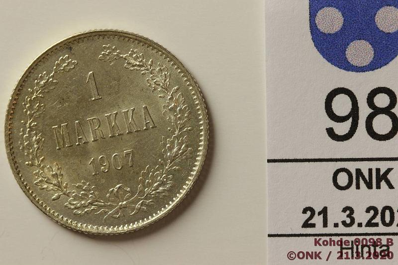 k-0098-b.jpg - Kohde 98, lhthinta: 50 € / ei tarjouksia 1 mk 1907 Ag, hnja, loistelias!, kunto: 9