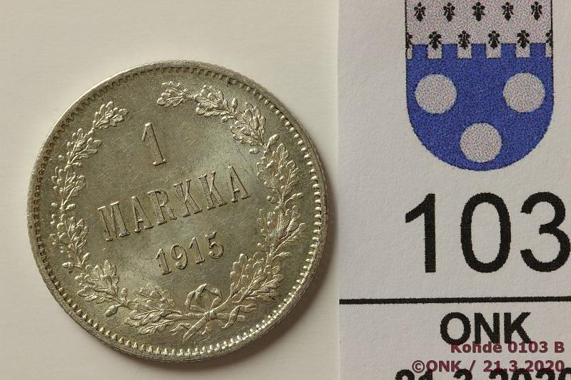 k-0103-b.jpg - Kohde 103, l�ht�hinta: 10 &euro; / myyntihinta: 11 &euro; 1 mk 1915 Ag, hnja, loistelias!, kunto: 9