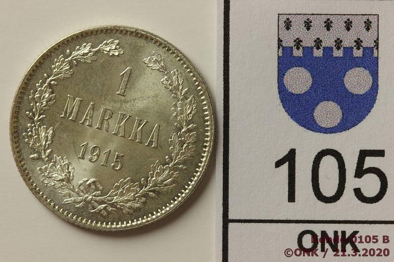 k-0105-b.jpg - Kohde 105, lhthinta: 10 € / myyntihinta: 13 € 1 mk 1915 Ag, eprv, hnja, loistelias!, kunto: 9