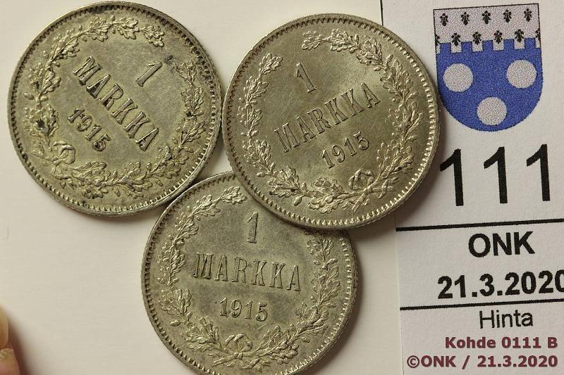 k-0111-b.jpg - Kohde 111, lhthinta: 15 € / myyntihinta: 16 € 1 mk 1915 (3) Ag, phpja, kunto: 7-8