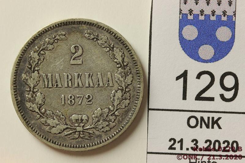 k-0129-b.jpg - Kohde 129, l�ht�hinta: 10 &euro; / myyntihinta: 13 &euro; 2 mk 1872 Ag, kunto: 4