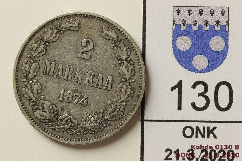 k-0130-b.jpg - Kohde 130, l�ht�hinta: 10 &euro; / myyntihinta: 10 &euro; 2 mk 1874 Ag, eprv, likaa, kunto: 3