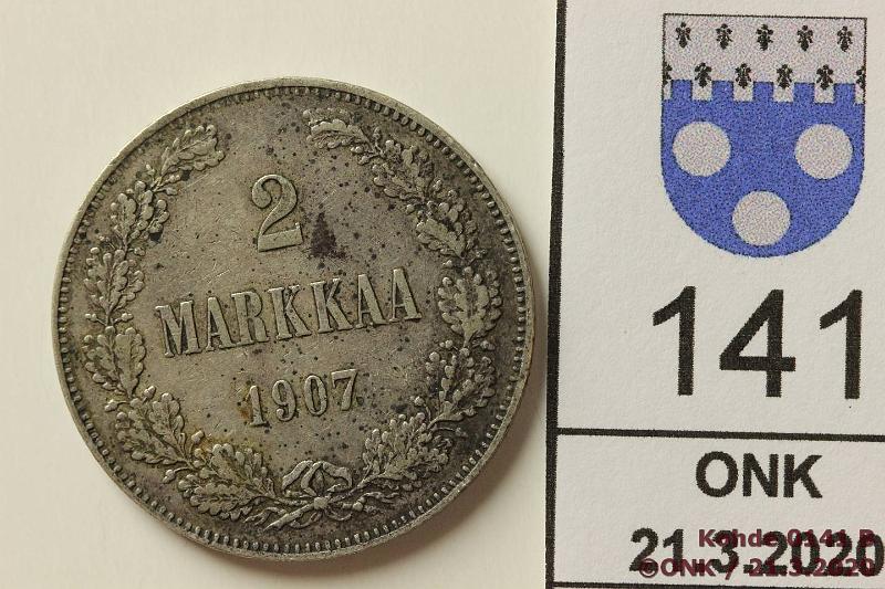 k-0141-b.jpg - Kohde 141, lhthinta: 10 € / myyntihinta: 11 € 2 mk 1907 Ag, likaa, hnja, kunto: 5