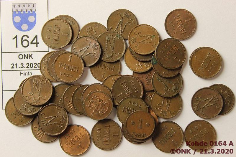 k-0164-a.jpg - Kohde 164, lhthinta: 10 € / myyntihinta: 15 € 1 p 1893-1920 (48) Cu, 1893(hom), 1900, -09(3), -11(4), -12(5), -13(6), -14(2), -15(7), -16(16), -19(2), -20, kunto: 5-7