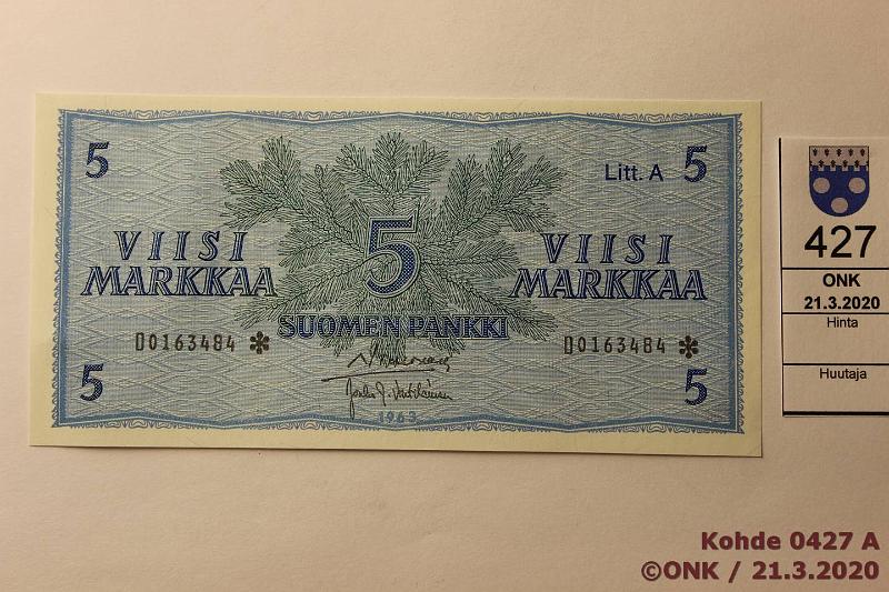 k-0427-a.jpg - Kohde 427, lhthinta: 5 € / myyntihinta: 5 € 5 mk 1963 LA D* SNY 135.4 D0163484* SIM-Vou, korvaava, kunto: 7