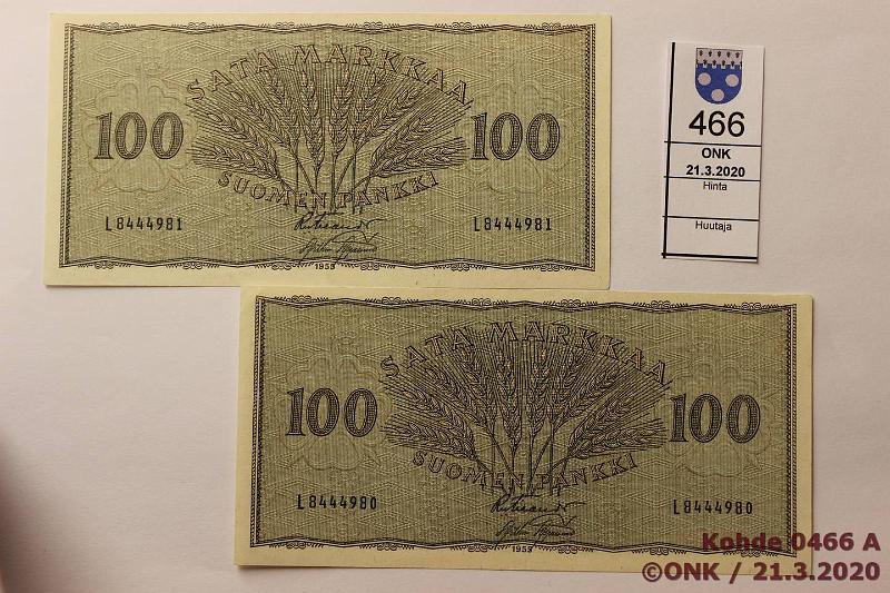 k-0466-a.jpg - Kohde 466, lhthinta: 25 € / myyntihinta: 26 € 100 mk 1955 (2) SNY 181.1 L8444980-1 FIE-AAs, toisessa pieni kulmataitos, perkkiset, kunto: 8, 9