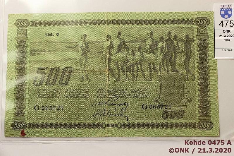 k-0475-a.jpg - Kohde 475, l�ht�hinta: 30 &euro; / myyntihinta: 32 &euro; 500 mk 1922 LC t II SNY 189.5 G065721 RAN-Als, keskireik�, tahra, kunto: 3