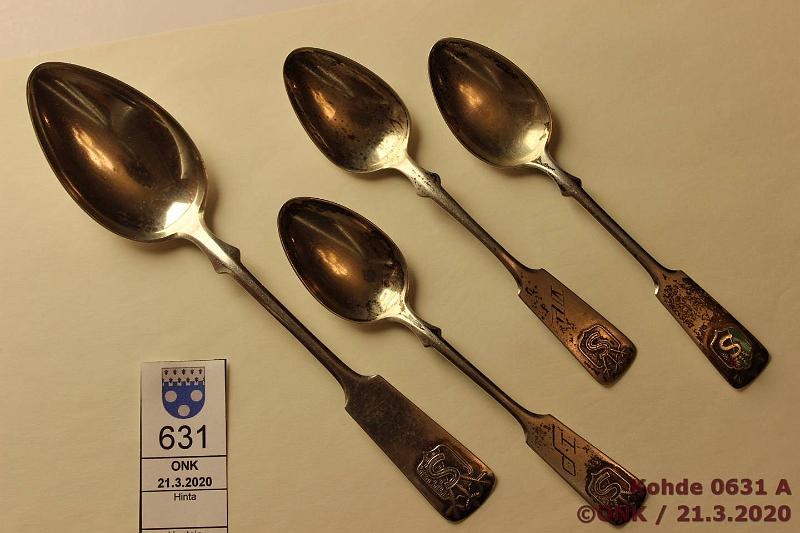 k-0631-a.jpg - Kohde 631, lhthinta: 25 € / myyntihinta: 25 € Suojeluskunta-lusikat (4) 1930-luku Ag 65g/813, leimat, 4 lusikkaa palkintona hiihtokilpailuista, kunto: 5-6